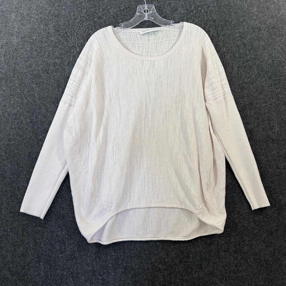 Trina Turk Top Women's Large White Waffle Knit Dolman Scoop Neck Pullover